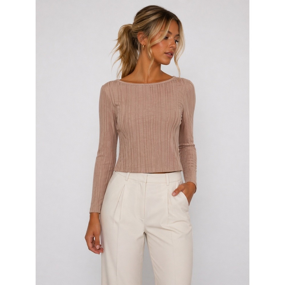 NWT Amuse Society Emmeline Ribbed Knit Top Mushroom Pink Beige Long Sleeve S NEW